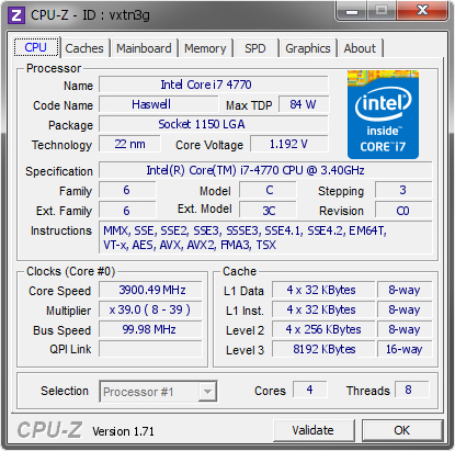 اطلاعات سخت افزاری Intel Core i7 4770 در نرم افزار CPU-Z